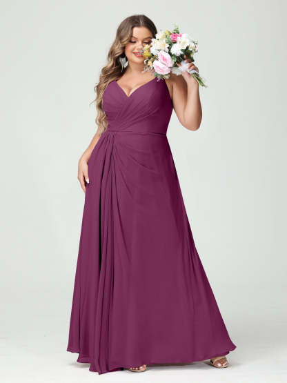 Plus Size Chiffon Bridesmaid Dress with Spaghetti Straps, A-Line Princess Cut, Sleeveless with Pockets and Side Split-BMbridal.UK