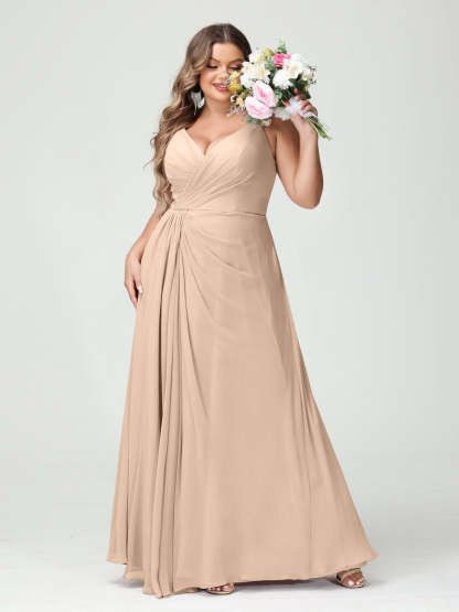 Plus Size Chiffon Bridesmaid Dress with Spaghetti Straps, A-Line Princess Cut, Sleeveless with Pockets and Side Split-BMbridal.UK