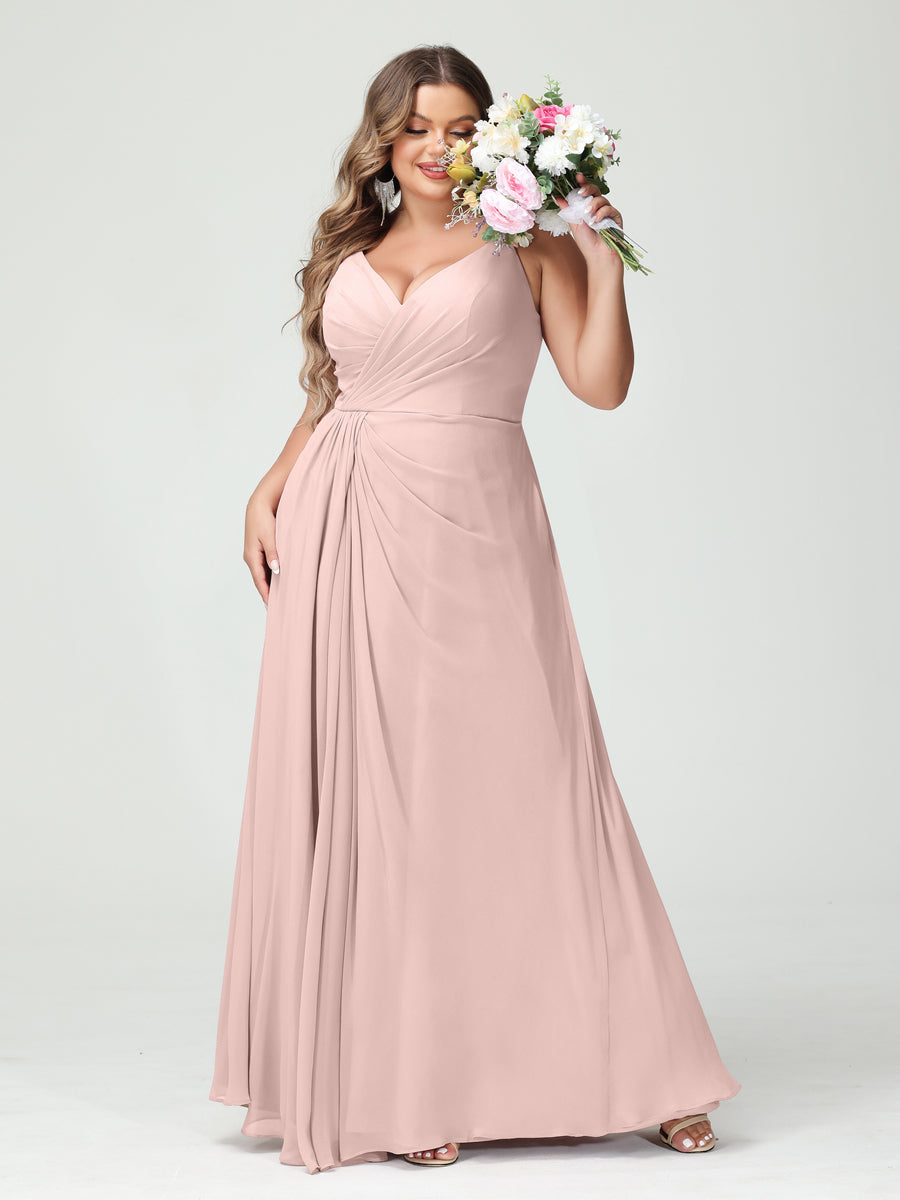 Plus Size Chiffon Bridesmaid Dress with Spaghetti Straps, A-Line Princess Cut, Sleeveless with Pockets and Side Split-BMbridal.UK