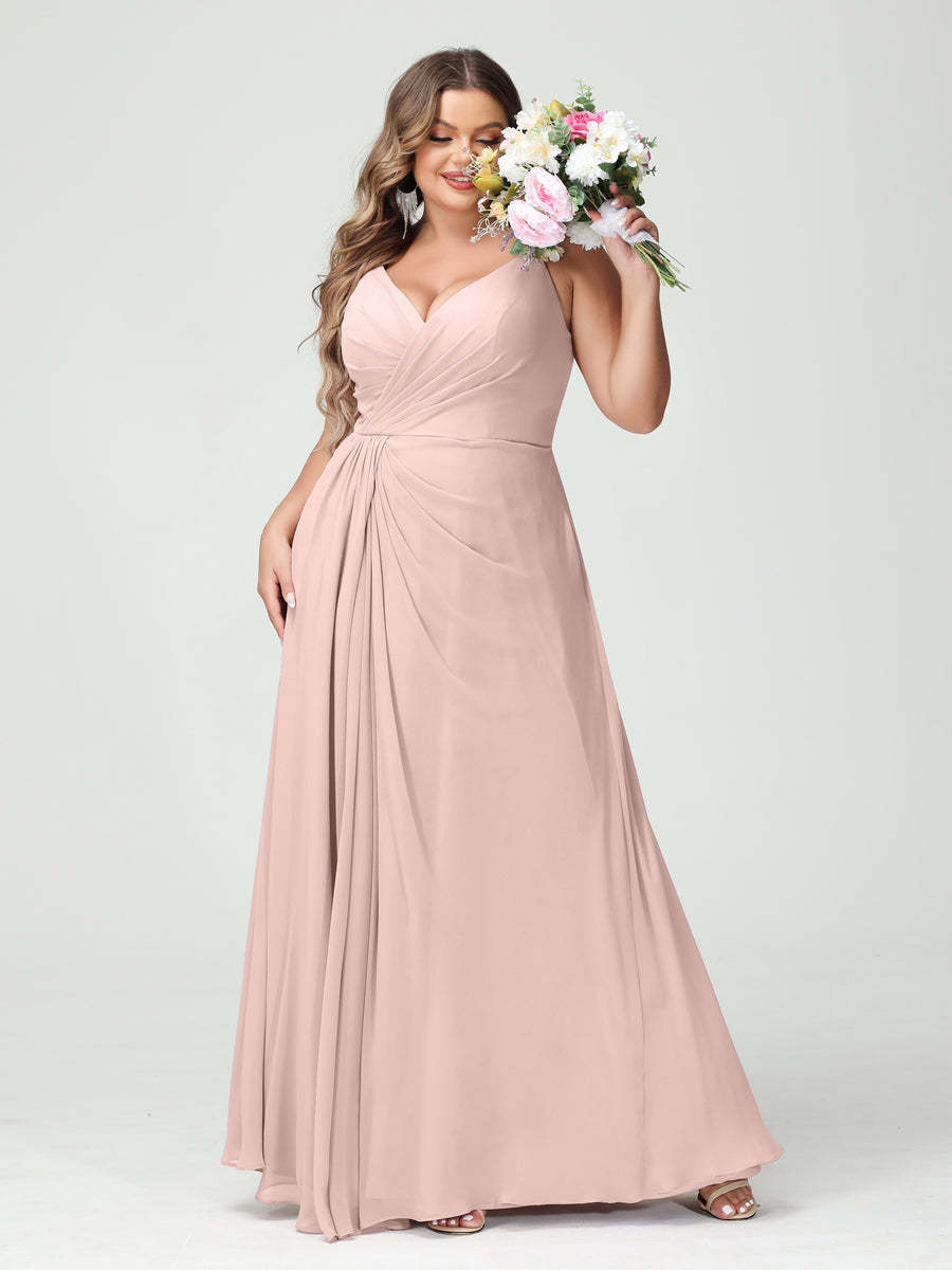 Plus Size Chiffon Bridesmaid Dress with Spaghetti Straps, A-Line Princess Cut, Sleeveless with Pockets and Side Split-BMbridal.UK