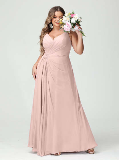 Plus Size Chiffon Bridesmaid Dress with Spaghetti Straps, A-Line Princess Cut, Sleeveless with Pockets and Side Split-BMbridal.UK