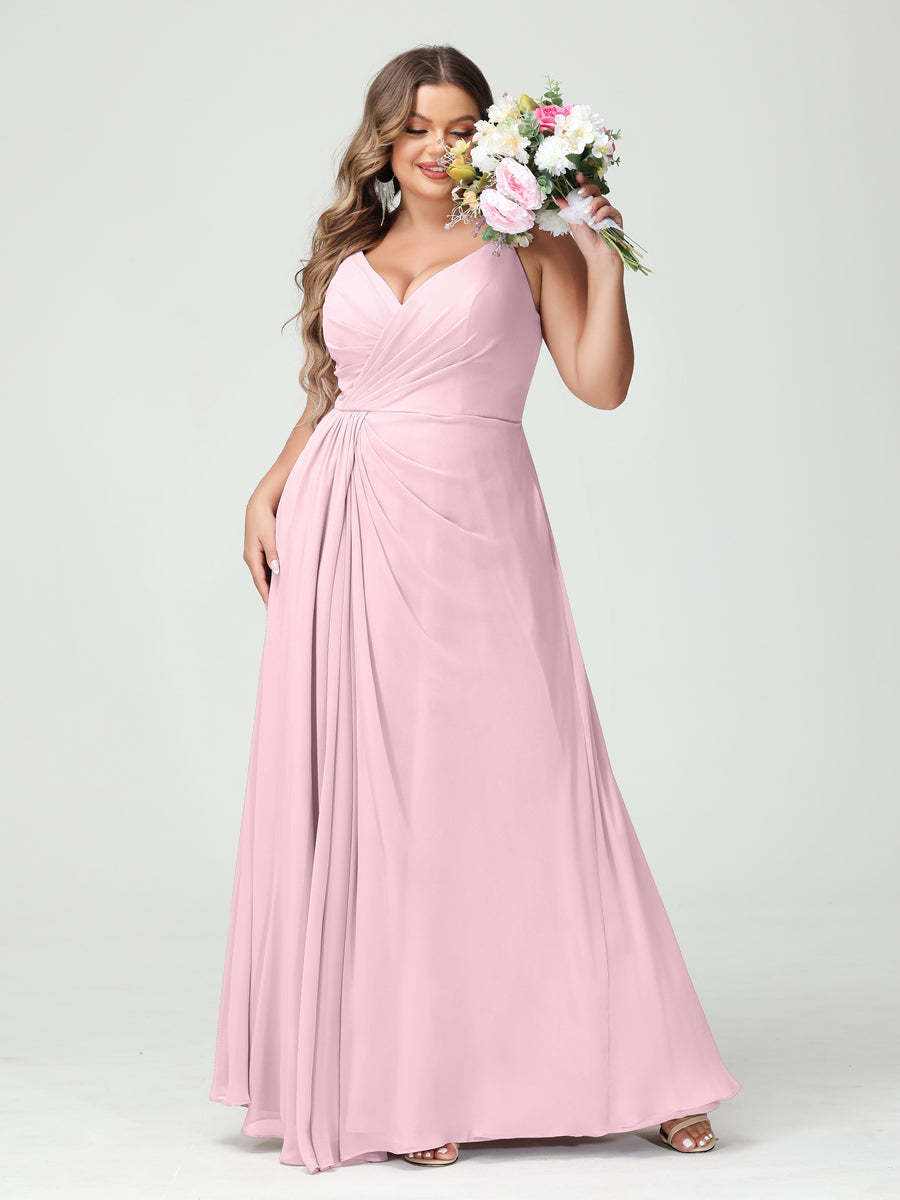 Plus Size Chiffon Bridesmaid Dress with Spaghetti Straps, A-Line Princess Cut, Sleeveless with Pockets and Side Split-BMbridal.UK
