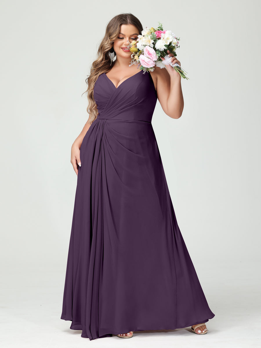Plus Size Chiffon Bridesmaid Dress with Spaghetti Straps, A-Line Princess Cut, Sleeveless with Pockets and Side Split-BMbridal.UK