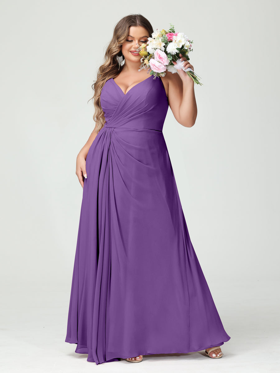 Plus Size Chiffon Bridesmaid Dress with Spaghetti Straps, A-Line Princess Cut, Sleeveless with Pockets and Side Split-BMbridal.UK