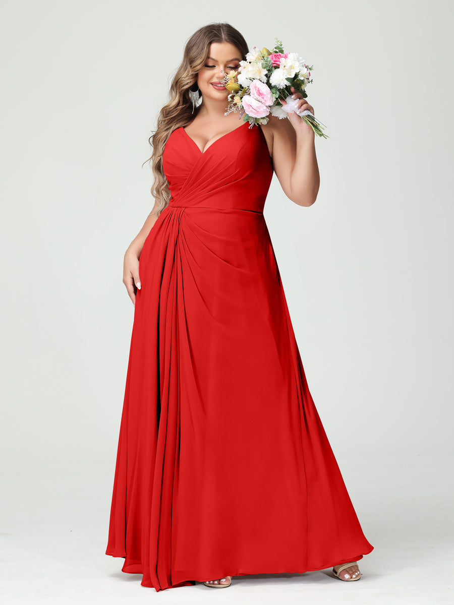 Plus Size Chiffon Bridesmaid Dress with Spaghetti Straps, A-Line Princess Cut, Sleeveless with Pockets and Side Split-BMbridal.UK