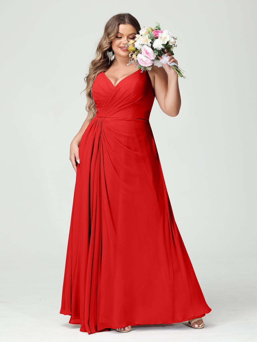 Plus Size Chiffon Bridesmaid Dress with Spaghetti Straps, A-Line Princess Cut, Sleeveless with Pockets and Side Split-BMbridal.UK