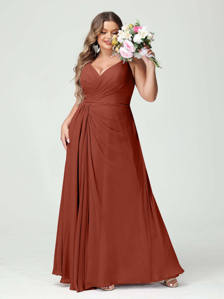 Plus Size Chiffon Bridesmaid Dress with Spaghetti Straps, A-Line Princess Cut, Sleeveless with Pockets and Side Split-BMbridal.UK