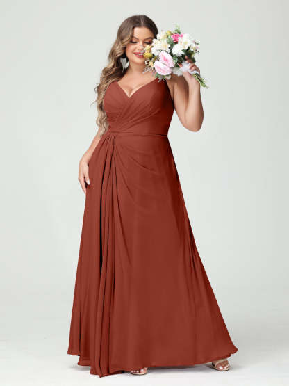 Plus Size Chiffon Bridesmaid Dress with Spaghetti Straps, A-Line Princess Cut, Sleeveless with Pockets and Side Split-BMbridal.UK