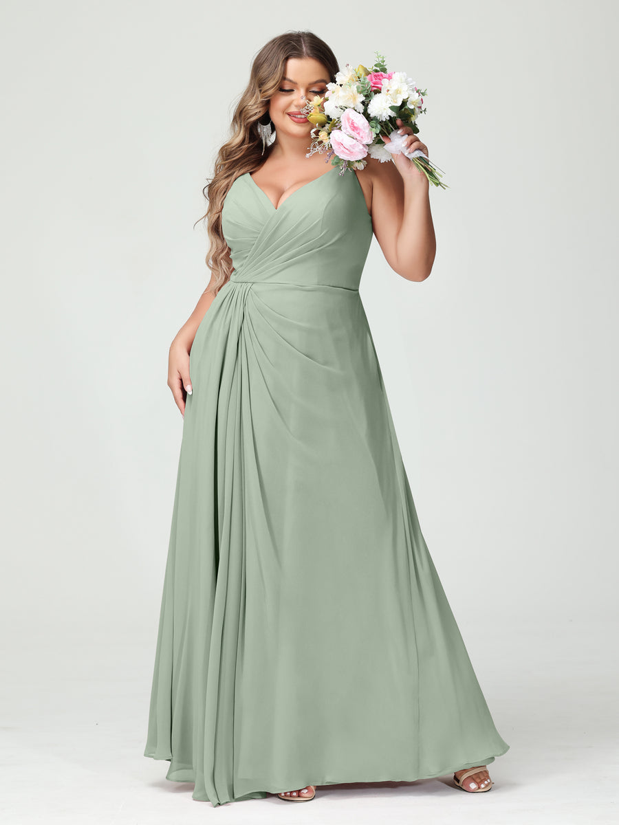 Plus Size Chiffon Bridesmaid Dress with Spaghetti Straps, A-Line Princess Cut, Sleeveless with Pockets and Side Split-BMbridal.UK