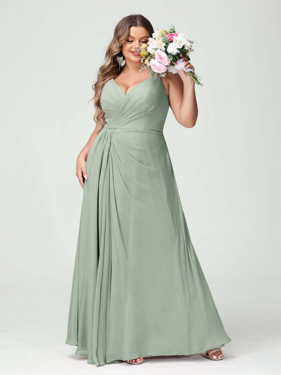 Plus Size Chiffon Bridesmaid Dress with Spaghetti Straps, A-Line Princess Cut, Sleeveless with Pockets and Side Split-BMbridal.UK