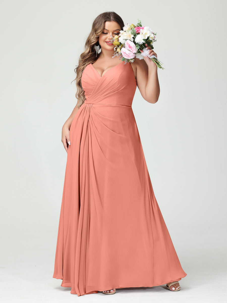 Plus Size Chiffon Bridesmaid Dress with Spaghetti Straps, A-Line Princess Cut, Sleeveless with Pockets and Side Split-BMbridal.UK