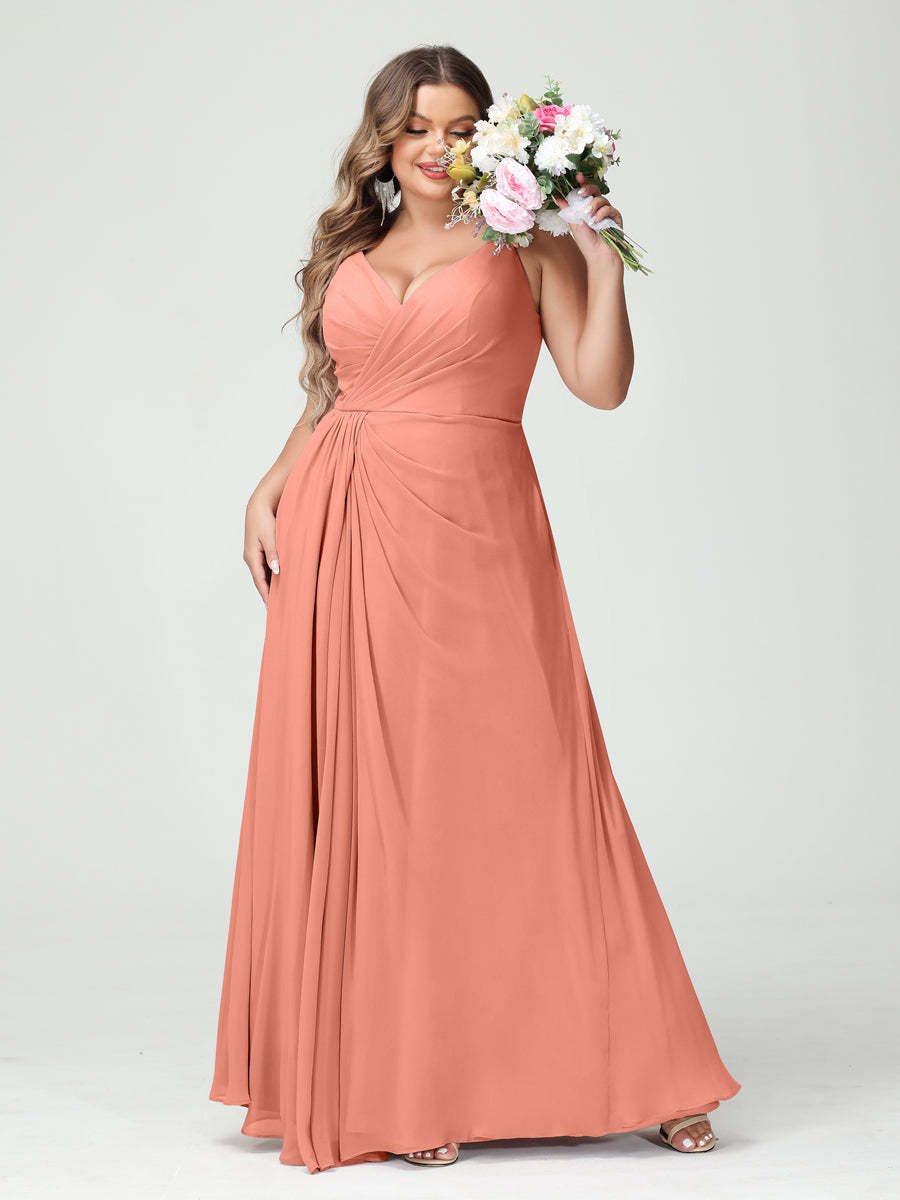 Plus Size Chiffon Bridesmaid Dress with Spaghetti Straps, A-Line Princess Cut, Sleeveless with Pockets and Side Split-BMbridal.UK