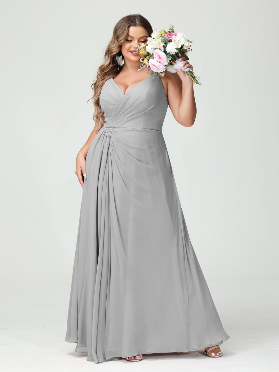 Plus Size Chiffon Bridesmaid Dress with Spaghetti Straps, A-Line Princess Cut, Sleeveless with Pockets and Side Split-BMbridal.UK