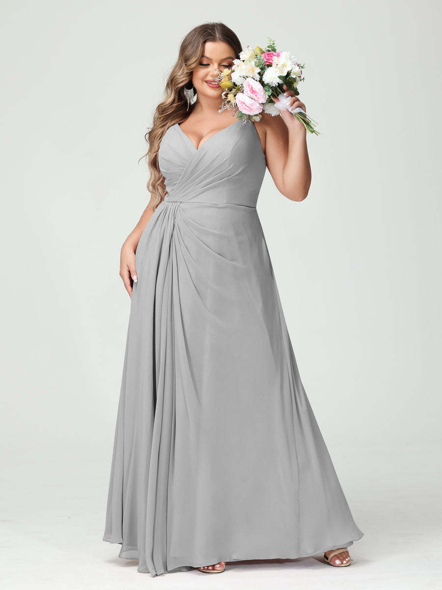 Plus Size Chiffon Bridesmaid Dress with Spaghetti Straps, A-Line Princess Cut, Sleeveless with Pockets and Side Split-BMbridal.UK