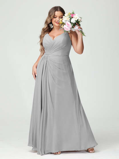Plus Size Chiffon Bridesmaid Dress with Spaghetti Straps, A-Line Princess Cut, Sleeveless with Pockets and Side Split-BMbridal.UK