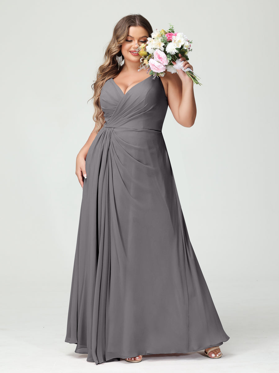 Plus Size Chiffon Bridesmaid Dress with Spaghetti Straps, A-Line Princess Cut, Sleeveless with Pockets and Side Split-BMbridal.UK
