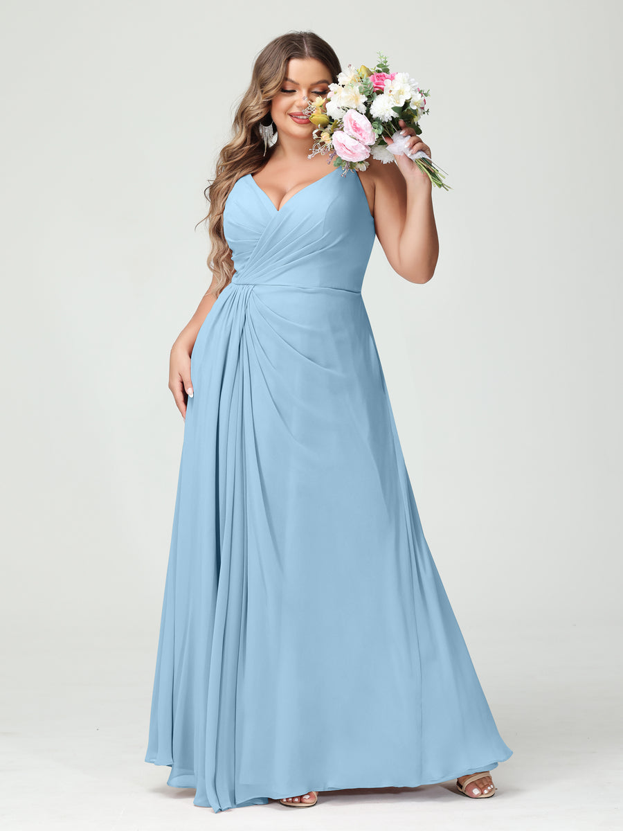 Plus Size Chiffon Bridesmaid Dress with Spaghetti Straps, A-Line Princess Cut, Sleeveless with Pockets and Side Split-BMbridal.UK