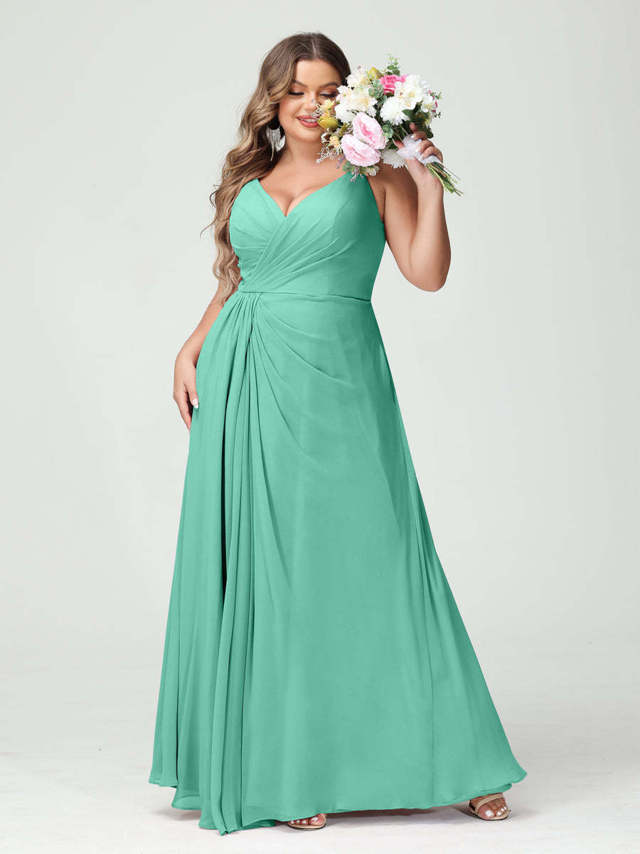 Plus Size Chiffon Bridesmaid Dress with Spaghetti Straps, A-Line Princess Cut, Sleeveless with Pockets and Side Split-BMbridal.UK