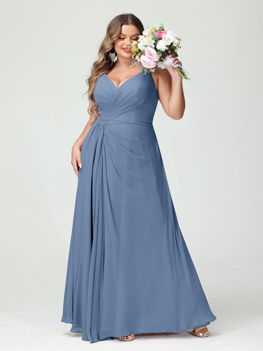 Plus Size Chiffon Bridesmaid Dress with Spaghetti Straps, A-Line Princess Cut, Sleeveless with Pockets and Side Split-BMbridal.UK