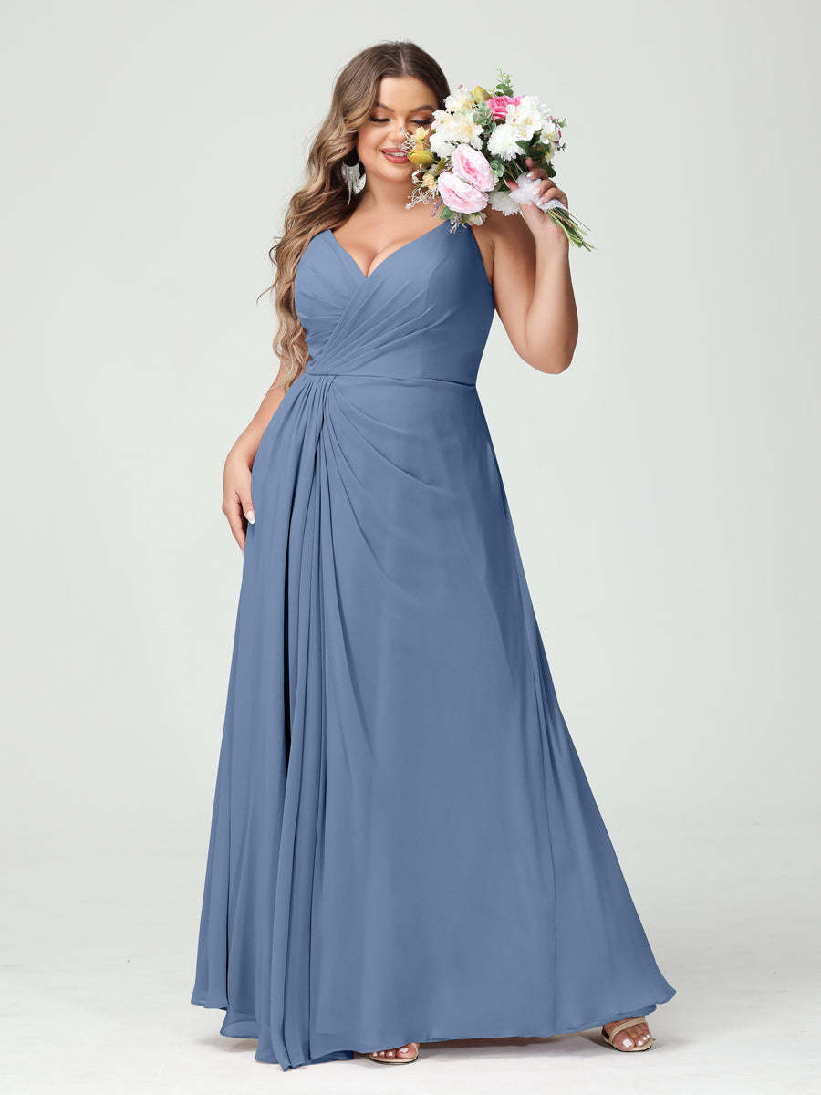 Plus Size Chiffon Bridesmaid Dress with Spaghetti Straps, A-Line Princess Cut, Sleeveless with Pockets and Side Split-BMbridal.UK