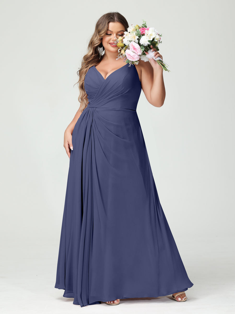 Plus Size Chiffon Bridesmaid Dress with Spaghetti Straps, A-Line Princess Cut, Sleeveless with Pockets and Side Split-BMbridal.UK