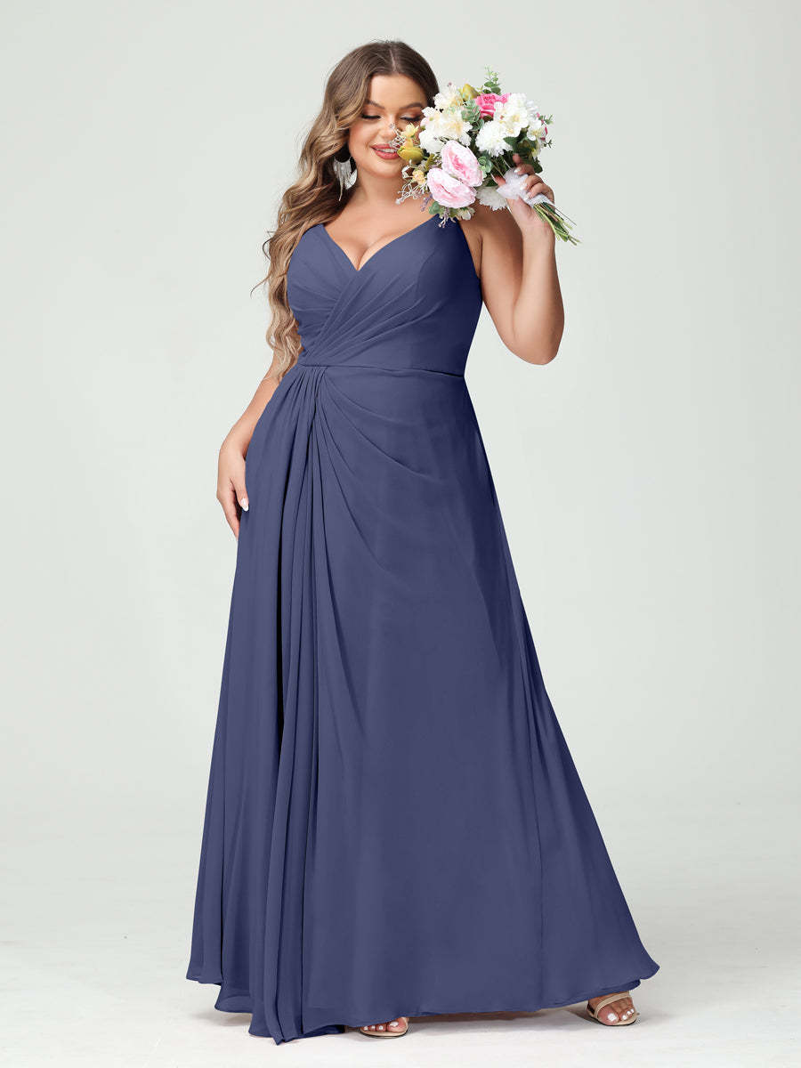 Plus Size Chiffon Bridesmaid Dress with Spaghetti Straps, A-Line Princess Cut, Sleeveless with Pockets and Side Split-BMbridal.UK