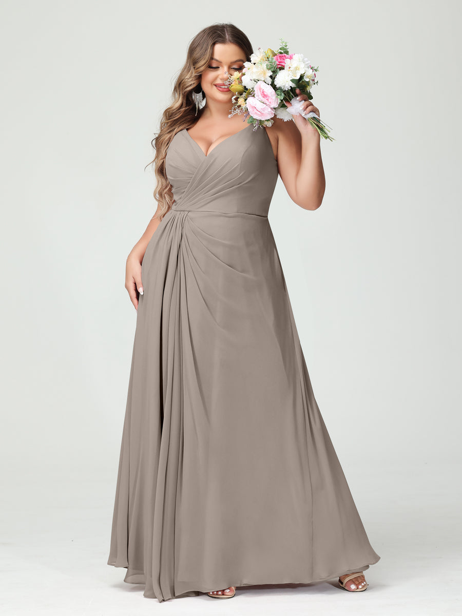 Plus Size Chiffon Bridesmaid Dress with Spaghetti Straps, A-Line Princess Cut, Sleeveless with Pockets and Side Split-BMbridal.UK