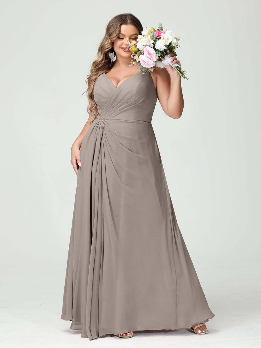 Plus Size Chiffon Bridesmaid Dress with Spaghetti Straps, A-Line Princess Cut, Sleeveless with Pockets and Side Split-BMbridal.UK