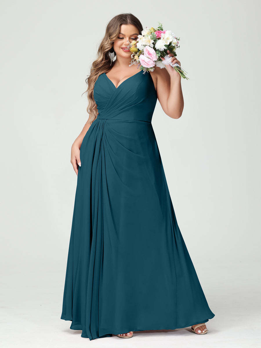 Plus Size Chiffon Bridesmaid Dress with Spaghetti Straps, A-Line Princess Cut, Sleeveless with Pockets and Side Split-BMbridal.UK