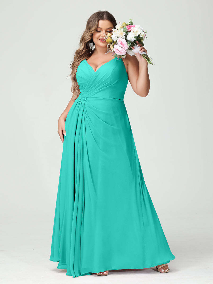 Plus Size Chiffon Bridesmaid Dress with Spaghetti Straps, A-Line Princess Cut, Sleeveless with Pockets and Side Split-BMbridal.UK