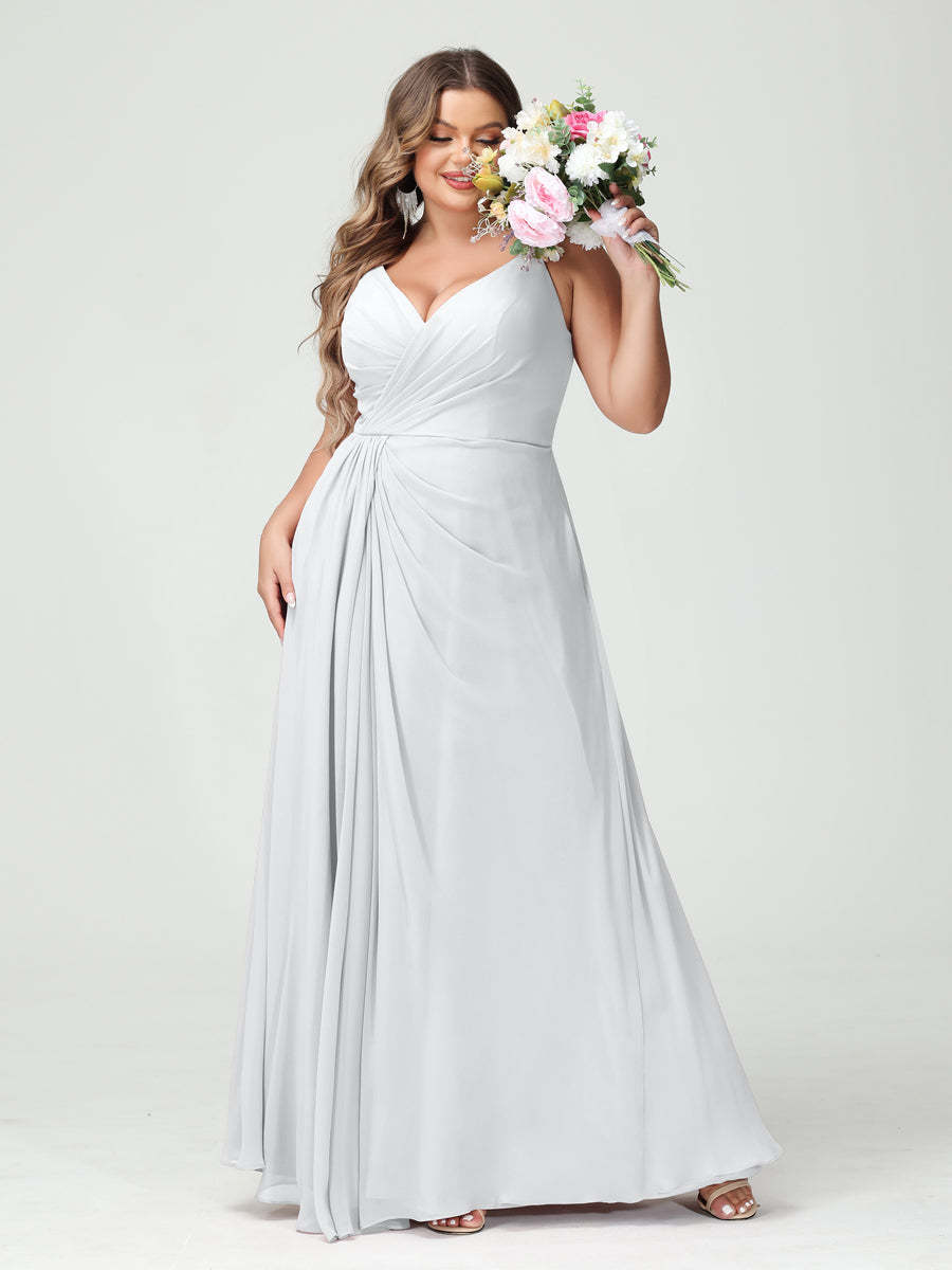 Plus Size Chiffon Bridesmaid Dress with Spaghetti Straps, A-Line Princess Cut, Sleeveless with Pockets and Side Split-BMbridal.UK