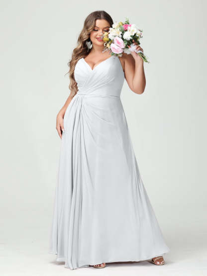 Plus Size Chiffon Bridesmaid Dress with Spaghetti Straps, A-Line Princess Cut, Sleeveless with Pockets and Side Split-BMbridal.UK