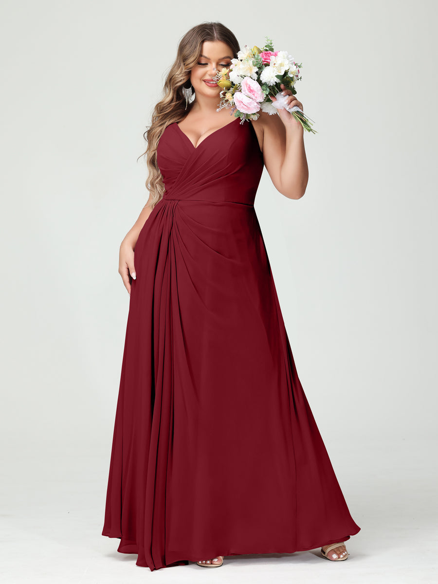 Plus Size Chiffon Bridesmaid Dress with Spaghetti Straps, A-Line Princess Cut, Sleeveless with Pockets and Side Split-BMbridal.UK