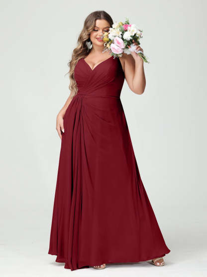 Plus Size Chiffon Bridesmaid Dress with Spaghetti Straps, A-Line Princess Cut, Sleeveless with Pockets and Side Split-BMbridal.UK