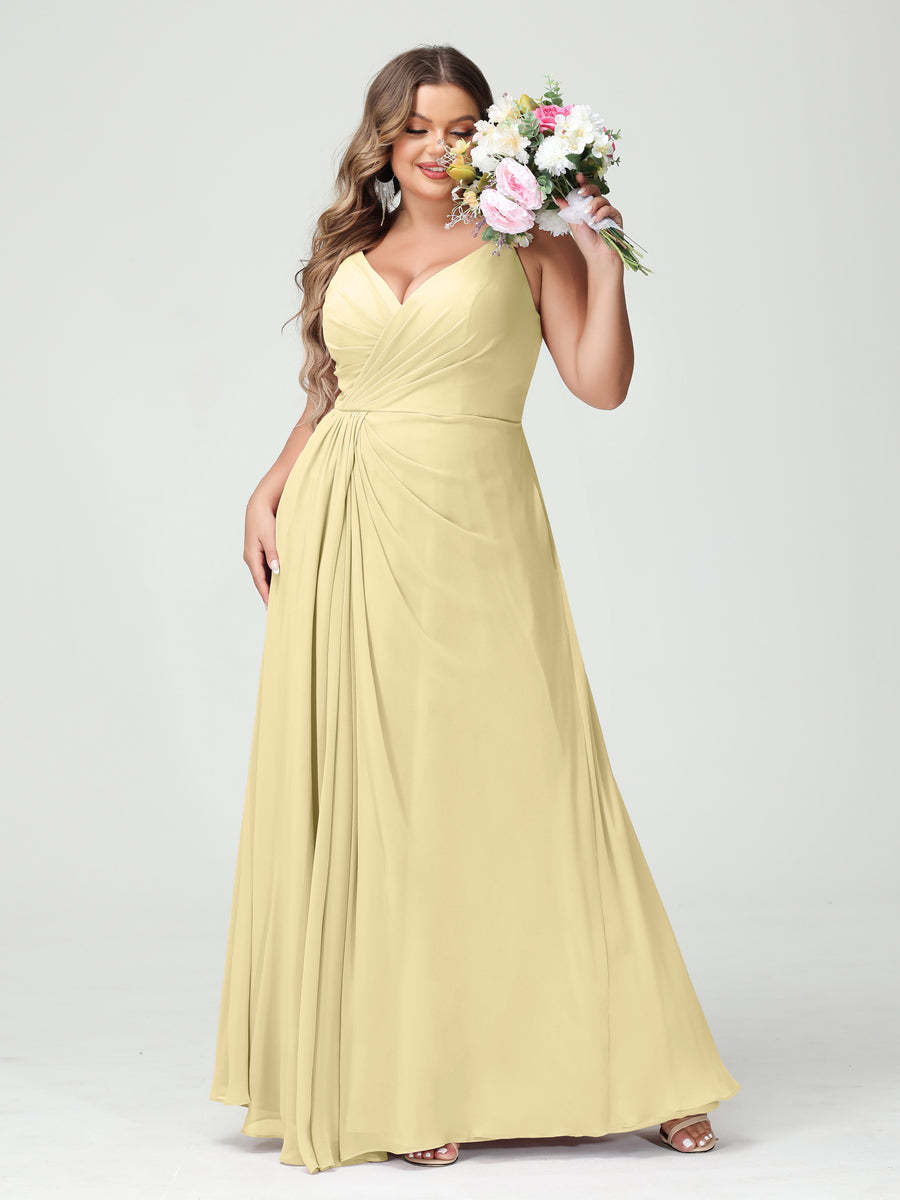 Plus Size Chiffon Bridesmaid Dress with Spaghetti Straps, A-Line Princess Cut, Sleeveless with Pockets and Side Split-BMbridal.UK
