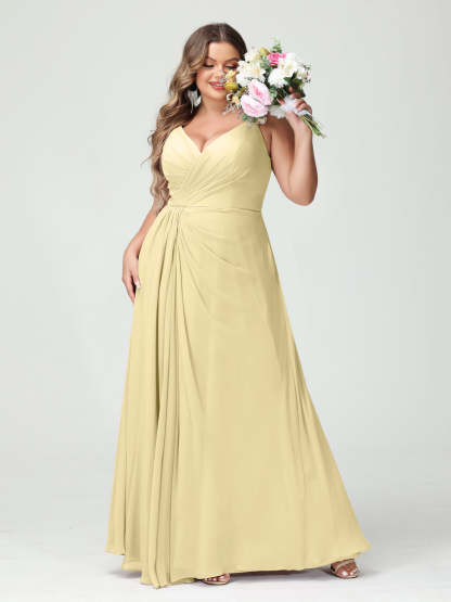 Plus Size Chiffon Bridesmaid Dress with Spaghetti Straps, A-Line Princess Cut, Sleeveless with Pockets and Side Split-BMbridal.UK