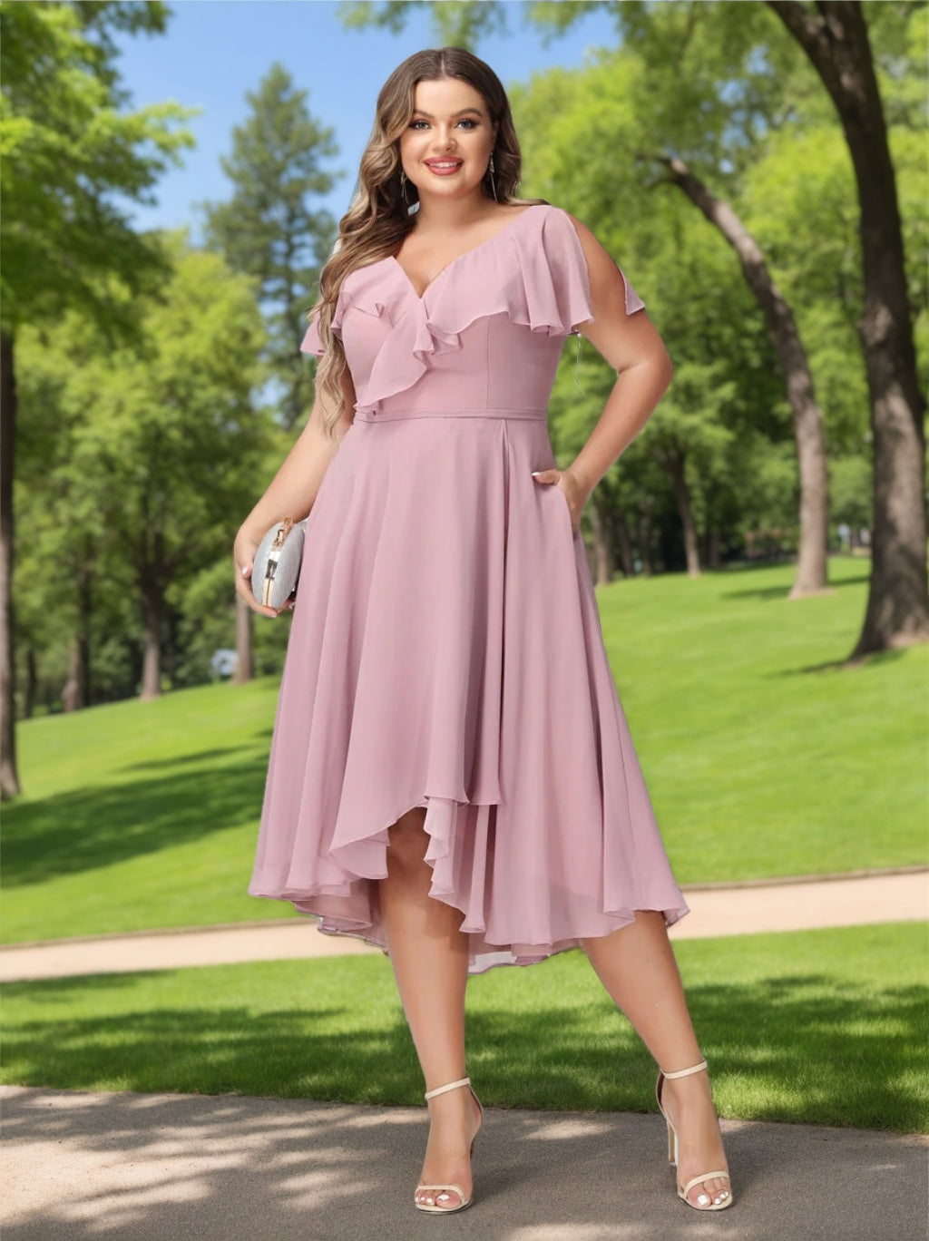 Plus Size Chiffon Bridesmaid Dress with V-Neck, Short Sleeves, and High-Low A-Line/Princess Silhouette featuring Pockets & Ruffles-BMbridal.UK