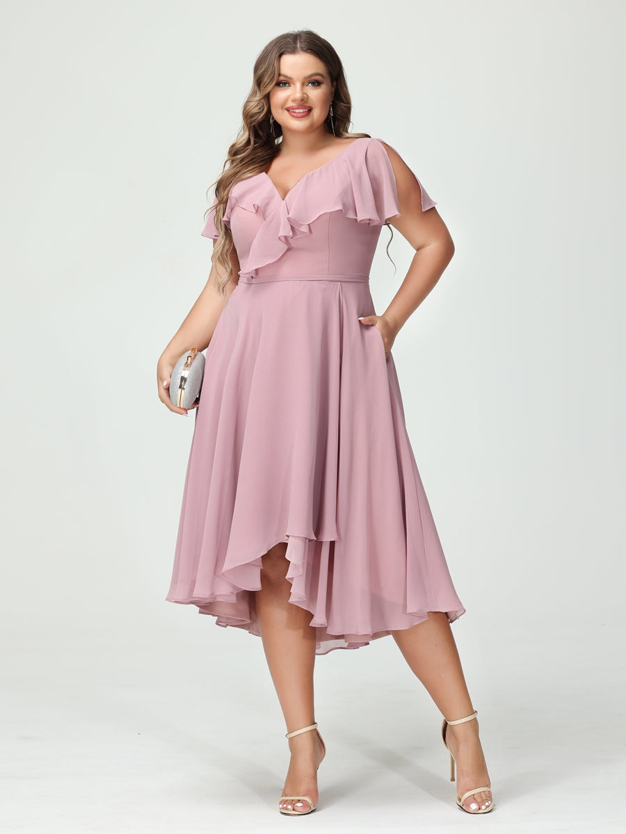 Plus Size Chiffon Bridesmaid Dress with V-Neck, Short Sleeves, and High-Low A-Line/Princess Silhouette featuring Pockets & Ruffles-BMbridal.UK