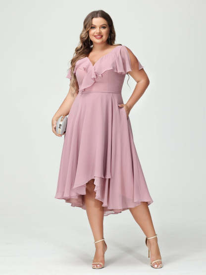 Plus Size Chiffon Bridesmaid Dress with V-Neck, Short Sleeves, and High-Low A-Line/Princess Silhouette featuring Pockets & Ruffles-BMbridal.UK