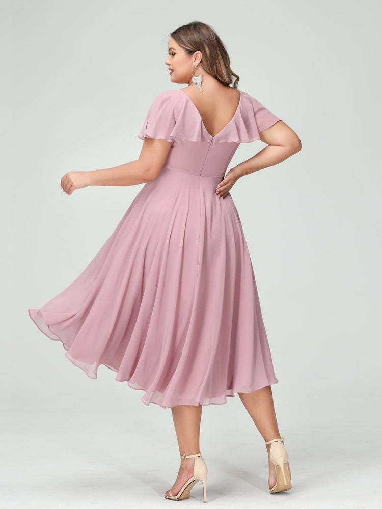 Plus Size Chiffon Bridesmaid Dress with V-Neck, Short Sleeves, and High-Low A-Line/Princess Silhouette featuring Pockets & Ruffles-BMbridal.UK