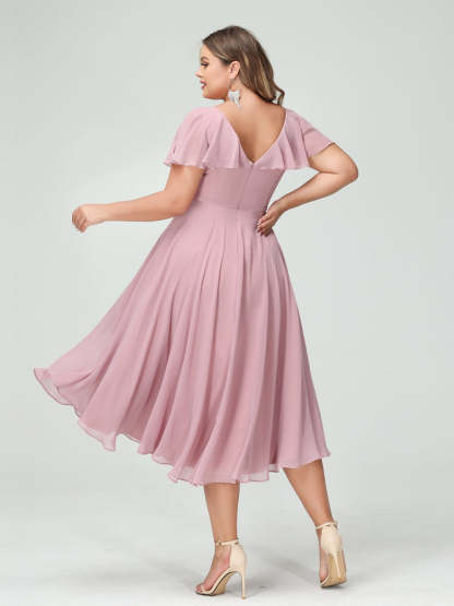 Plus Size Chiffon Bridesmaid Dress with V-Neck, Short Sleeves, and High-Low A-Line/Princess Silhouette featuring Pockets & Ruffles-BMbridal.UK