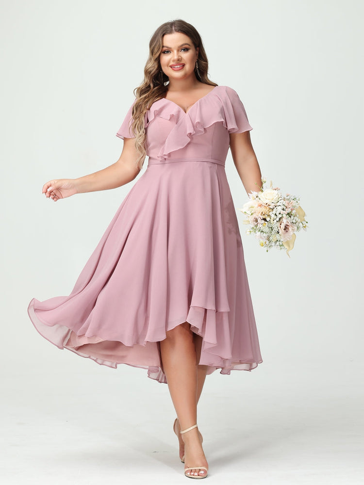 Plus Size Chiffon Bridesmaid Dress with V-Neck, Short Sleeves, and High-Low A-Line/Princess Silhouette featuring Pockets & Ruffles-BMbridal.UK