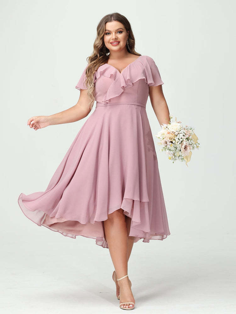 Plus Size Chiffon Bridesmaid Dress with V-Neck, Short Sleeves, and High-Low A-Line/Princess Silhouette featuring Pockets & Ruffles-BMbridal.UK