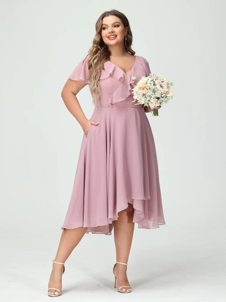 Plus Size Chiffon Bridesmaid Dress with V-Neck, Short Sleeves, and High-Low A-Line/Princess Silhouette featuring Pockets & Ruffles-BMbridal.UK