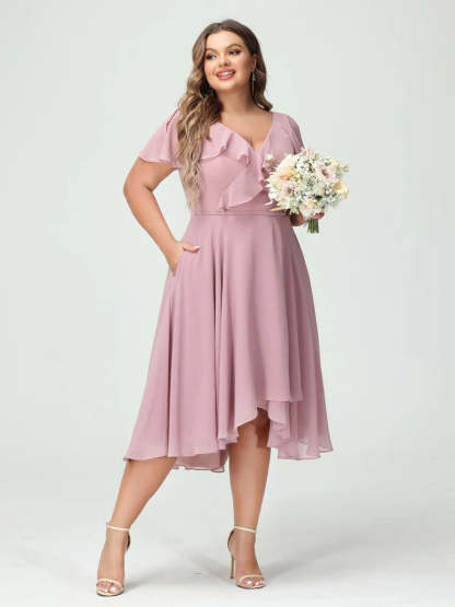 Plus Size Chiffon Bridesmaid Dress with V-Neck, Short Sleeves, and High-Low A-Line/Princess Silhouette featuring Pockets & Ruffles-BMbridal.UK