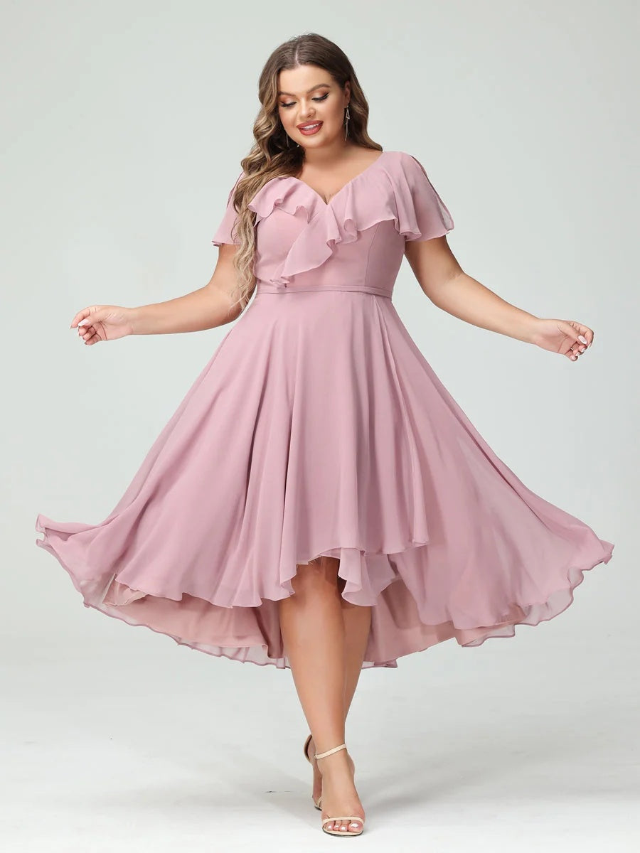 Plus Size Chiffon Bridesmaid Dress with V-Neck, Short Sleeves, and High-Low A-Line/Princess Silhouette featuring Pockets & Ruffles-BMbridal.UK