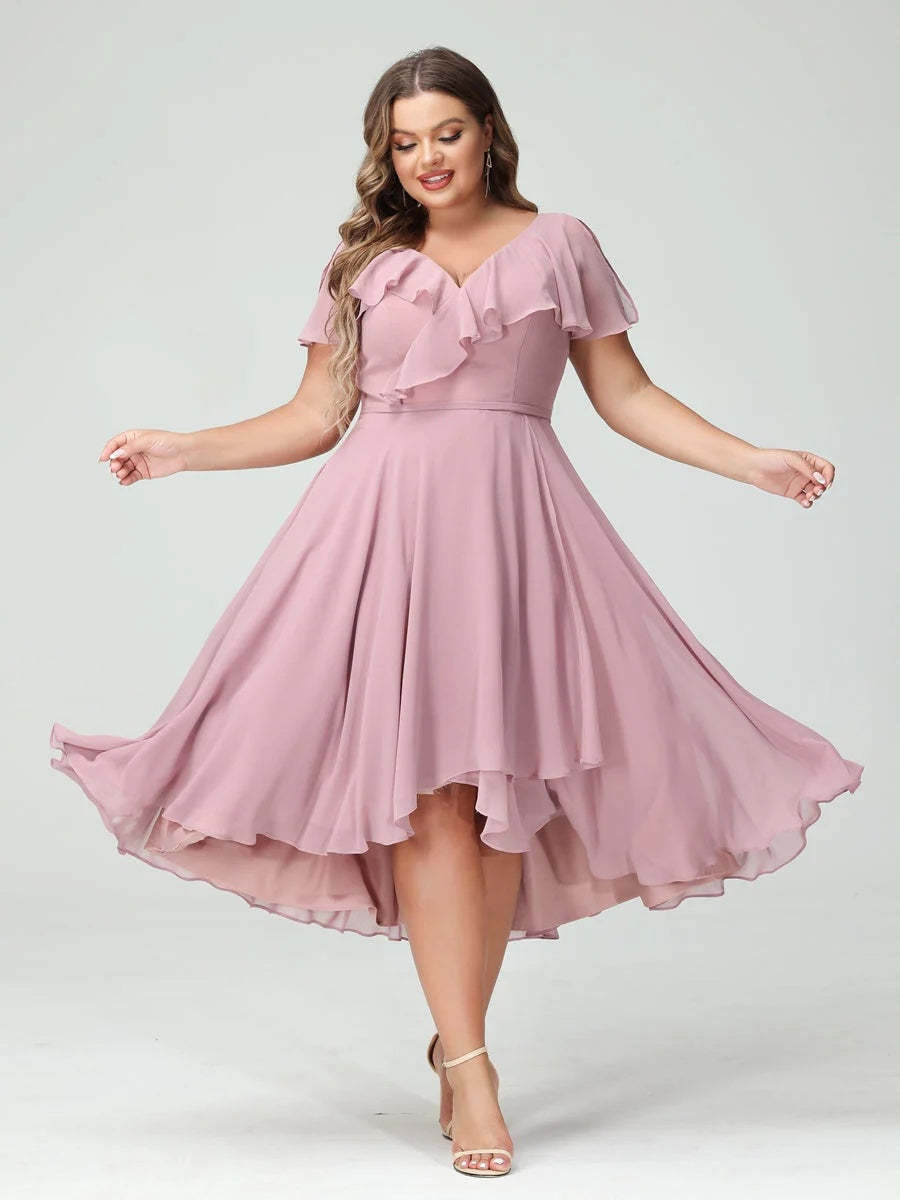 Plus Size Chiffon Bridesmaid Dress with V-Neck, Short Sleeves, and High-Low A-Line/Princess Silhouette featuring Pockets & Ruffles-BMbridal.UK