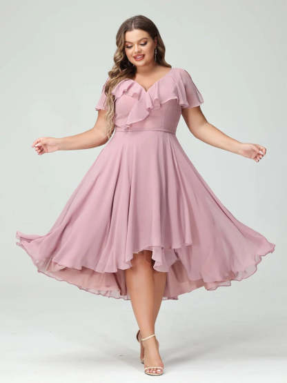Plus Size Chiffon Bridesmaid Dress with V-Neck, Short Sleeves, and High-Low A-Line/Princess Silhouette featuring Pockets & Ruffles-BMbridal.UK