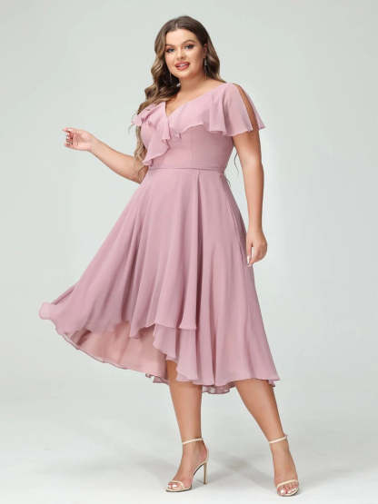 Plus Size Chiffon Bridesmaid Dress with V-Neck, Short Sleeves, and High-Low A-Line/Princess Silhouette featuring Pockets & Ruffles-BMbridal.UK