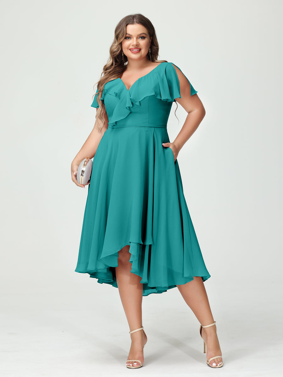 Plus Size Chiffon Bridesmaid Dress with V-Neck, Short Sleeves, and High-Low A-Line/Princess Silhouette featuring Pockets & Ruffles-BMbridal.UK